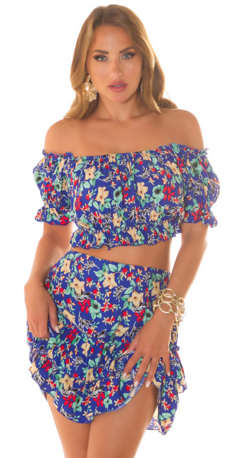 2Piece Set Skirt + Top with Flower Print Blue